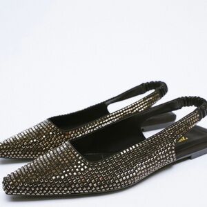 NWT 38 Zara Embellished Jewel Studded Slingback Square Toe Sandals Flate